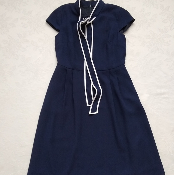 New 🎀 J Crew tie neck preppy dress navy white contrast pipping cap sleeves - Picture 3 of 11